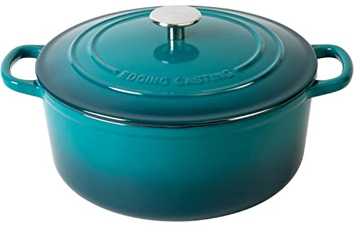 EDGING CASTING Olla holandesa de hierro fundido esmaltado con tapa para hornear pan, cocinar, horno redondo de pan con asas dobles, 7 cuartos de galón, cian oscuro