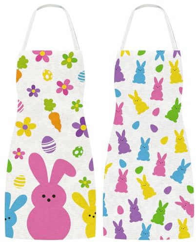 JarThenaAMCS 2 PCS Easter Aprons Colorful Bunny Egg Carrot Cooking Adjustable Washable Aprons Colorful Collection Kitchen for Home Party Dinner Baking BBQ Grilling Supplies