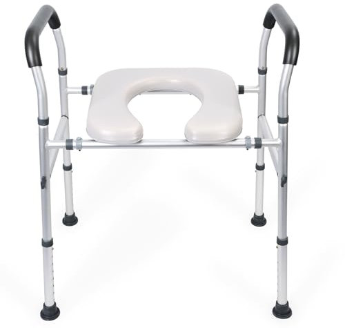 PERZOE Raised Toilet Seat, Height Adjustable Free Standing Raised Over Toilet Seat with Arm Supports, Wipe Clean, and Slip Resistant Feet Already Assembled Aid for Elderly,Hip Surgery Recovery White