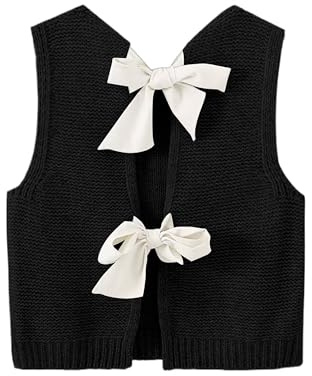 Cioatin Y2K Pull court sans manches en tricot à nouer dos nu avec col rond et dos ouvert, Noir Z, Taille L