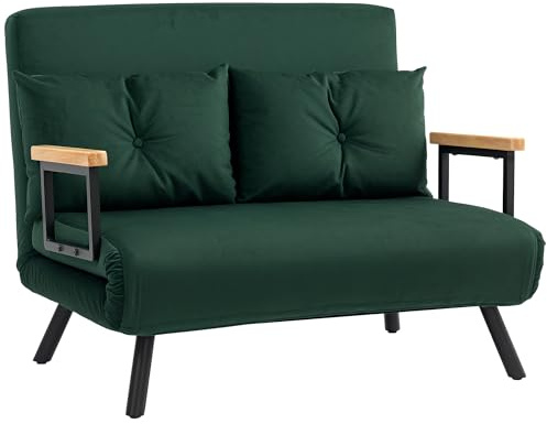 HOMCOM 2 Seater Sofa Bed, Click Clack Convertible Bed Settee, Modern Velvet Feel Fabric Sofa Couch with 2 Tufted Cushions, Wood Armrests for Living Room, Bedroom, Guest Room, Green