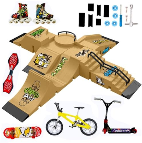 Kit Parco Skate per Fingerboard, Giocattoli Skateboard da Dito con 13 Pezzi di Skateboard, Rampe, Pattini, Scooter, Biciclette e Tavole con Rotelle, Divertenti Mini Parti di Allenamento per Finger