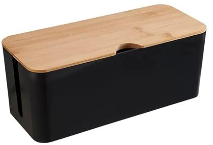 Caja de Cables Grande para Escritorio sin taladrar – Organizador de Cables con Tapa de bambú y Enchufe, Respetuoso con el Medio Ambiente contra enredos de Cables, gestión de Cables para PC. (Negro)