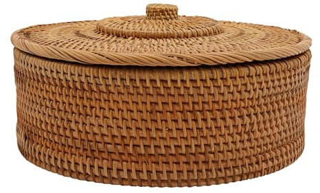 Runder Rattan Aufbewahrungskorb, Handgewebter Rattan-Boxen mit Deckel, Natürlicher Rattankorb für Obst, Brot, Snacks, Schlüssel, Schmuck (A-30x13 cm)