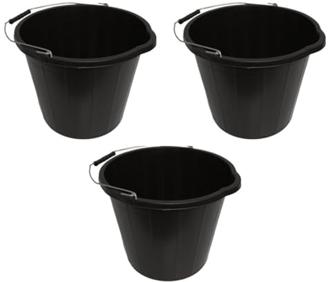 LITETRON Pack of 3 Builders Bucket, Black Plastic, 14L/3 Gallons, Heavy Duty Construction, Sturdy, Feed, Water, Garden Multipurpose (3)