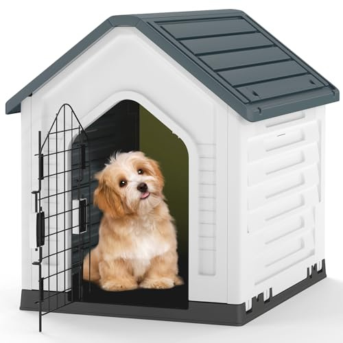 GOPLUS Caseta de Perro de Plástico, Casa para Perros con Puerta de Malla Bloqueable y Piso Elevado, Ventilación, Techo Inclinado, Perrera para Interior y Exterior para Mascotas (Gris)
