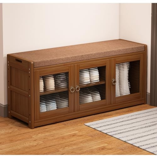Banc de rangement à chaussures en bambou avec 2 portes élégant pour vestiaire d'entrée et meuble peu encombrant