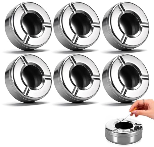 Huiguli 6 Ceniceros de Acero Inoxidable, Cenicero con Tapa, Cenicero a Prueba de Viento Portátil, Soporte Redondo de Metal para Exterior Interiores y Exteriores, Hogar, Oficina, Mesa de Balcón, Plata