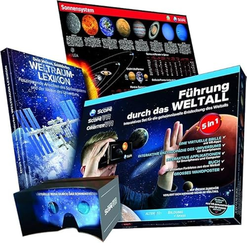 NietFullThings Kit d'astronomie 5 en 1 - Lunettes de réalité virtuelle, encyclopédie de l'espace DIN A1 Poster et application - Kit éducatif interactif pour les étudiants et les fans d'astronomie