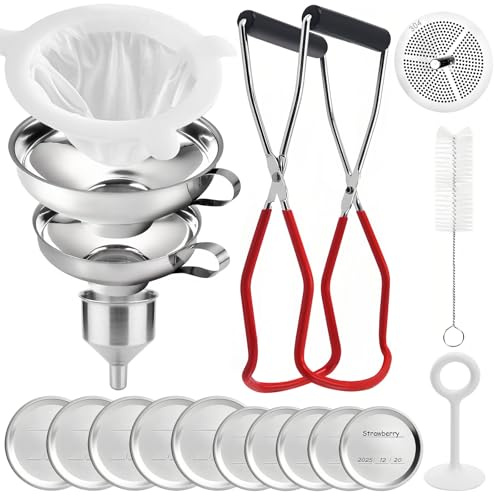 Realure Kit de 18 Embudos de Acero Inoxidable con Colador y Levantador de Tarros, 3 Tamaños de Embudos para Mermelada de Acero Inoxidable, Embudo para Mermelada para Conservar Especias Aceite