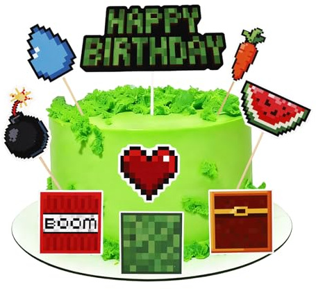 SAVITA 9pz Pixelate Decorazioni Cupcake, Graziose Decorazioni per Torte in Stile Pixel Cartoncini e Bastoncini a Tema Cartone Animato Fai Da Te per Decoro di Torte a Tema Gioco