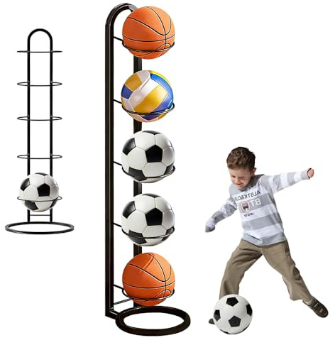 XUXLEKK 5 Livelli Rastrelliera per Palloni, Porta Palloni da Basket, Scaffale per Palloni, Rastrelliera Verticale per Palloni Basket, Scaffale di Stoccaggio di Attrezzature Sportive (Nero)