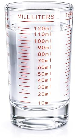 4oz/120ml Glass Measuring Cup with Red Markings, Heavy Duty Shot for Measuring Liquid and Dry Ingredients, Espresso and Cocktail Shot Cups for Whiskey, Spirits, Wine, Liquor, Not Dishwasher Safe