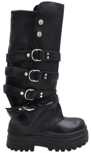 Stivali Donna Combat con Zeppa carrarmato 8 cm Gomma Risvolto Arricciato Fibbie Argento e Bottoni Zip Interna (40 EU)