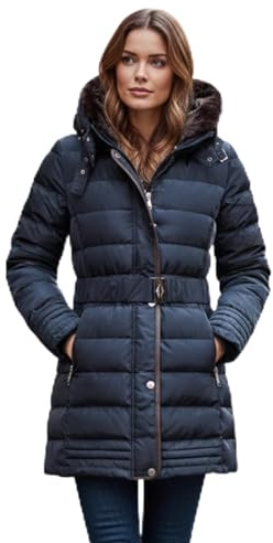 kraftd Women Winter Puffer Jacket Hooded Belted Quilted Short Coat Faux Fur Warm Ladies Parka Womens Winter Outerwear (Navy, 10)
