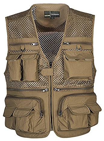 Ziker Men's Mesh Breathable Openwork Camouflage Journalist Photographer Fishing Vest Waistcoat Jacket Coat (US, Alpha, Large, Regular, Regular, Khaki)