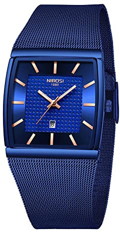 NIBOSI Men Watches Luxury Military Waterproof Sport Quartz Analog Square Wrist Watch for Men with Stainless Steel Mesh Band Date Calendar(Blue)
