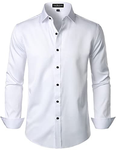 LucMatton Men's Long-Sleeve Button-Up Dress-Shirt Modern Slim-Fit Wrinkle-Free Wedding Formal Shirts White Large