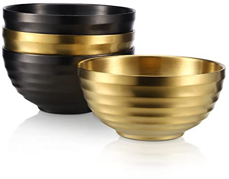 4er Edelstahl Schüsseln Doppelschicht Isolierte Nudelsuppe Schüssel Reis Schüssel Salat Schüssel Müslischalen, Schüsseln für Obst Getreide Snack Vorspeise, Geschirrspüler Sicher,14cm (Gold&Schwarz)