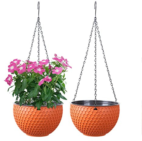 YuanDiann Hängande blomkrukor, set om 2, självvattnande hängande växtkrukor med vattenbehållare och dräneringshål, bivaxkaka, blomampel med rostfria kedjor för inomhus, utomhus, tak, balkong, dekoration, röd, L, Tegelröd