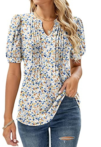 EFFAN Blus damer kortärmade t-shirts V-ringade blommor veckad tunika sommartoppar lös ledig långtröja .., Blomma vit orange, M