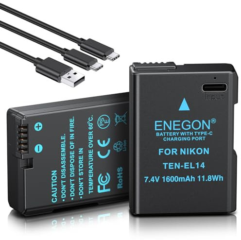 ENEGON EN-EL14 Batteria di ricambio USB-C a carica diretta 1600 mAh confezione doppia, per Nikon EN-EL14/EN-EL14a, compatibile con DSLR D5300, D5600, D5100, D5200, D3100, D3200, D3300, D3400, D3500