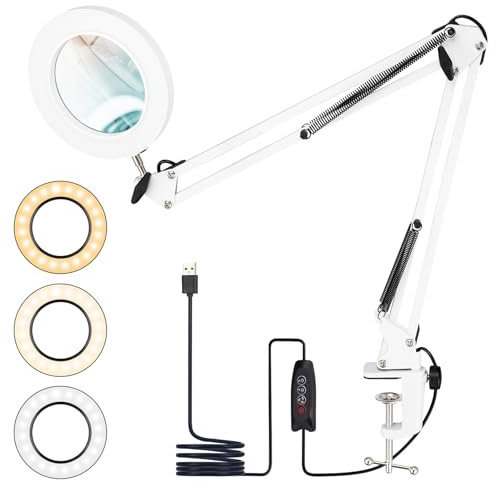 Ricyea Led Lupenlampe, 10X Leselampe Lupenleuchte mit Klemme, 3 Farbemodi, 10 Helligkeitsstufen Dimmbar Schreibtischlampe mit Lupe für Lesen, Hobbys, Basteln, Senioren (Weiß)