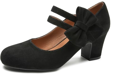 Enelauge Women's Mary Jane Heels with Bow Retro Closed Round Toe Pumps Sweet Ankle Strap Low Block Heels Chic Bowtie Vintage Dress Wedding Party Office Daily Shoes, Black Suede, 10 UK