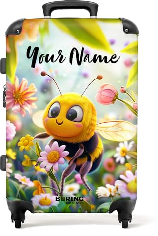 NoBoringSuitcases© Children's Luggage Kids Suitcase for Boys and Girls | Personalised Large 26 - 28 inch - Bee - Pink Flowers - Close-up - Customisable - Hard Shell Trolley - On Wheels - 23kg