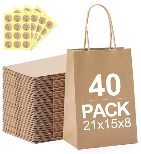 Papiertüten, 40 Stück Mitgebsel Tüten mit Henkel Aufkleber, Braun DIY Süßigkeiten Geschenktüten Papier, Geschenktüten für Geburtstag, Hochzeit, Party (21x15x8cm) (Braun)