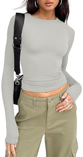 OOHOKAY T-shirt basique à manches longues pour femme Hauts Y2K Coupe ajustée T-shirt classique à manches longues Crop Tops, XL