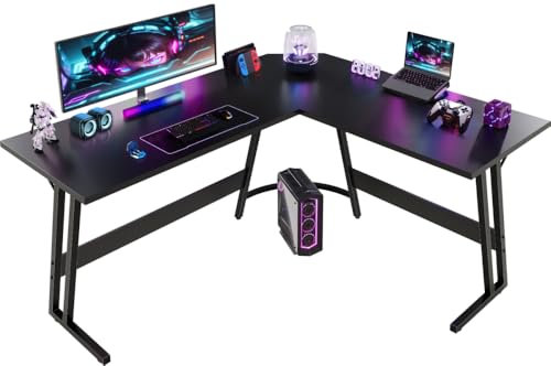 Devoko LED Gaming Tisch L Form mit Monitorständer, Eckschreibtisch für Gamer, Gaming Schreibtisch L Form, Groß Pc Computertisch, Schwarz mattiert, 150x130cm