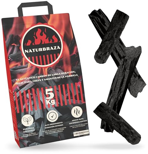 NaturBraza Carbón Vegetal de Marabú 5 kg – Carbón Natural para Barbacoas y Parrillas, 100% Natural, Alto Poder Calorífico, Brasas de Larga Duración y Baja Emisión de Humo
