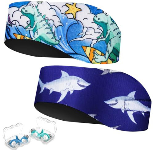 Schwimmen Stirnband für Kinder - 2 Paar Schwimm Ohrstöpsel & Neopren Schwimmband,Hohe Elastizität & Klettverschluss - Wasserdichtes Kopfband Haarband für,Tauchen, Pool, Duschen und Wassersport