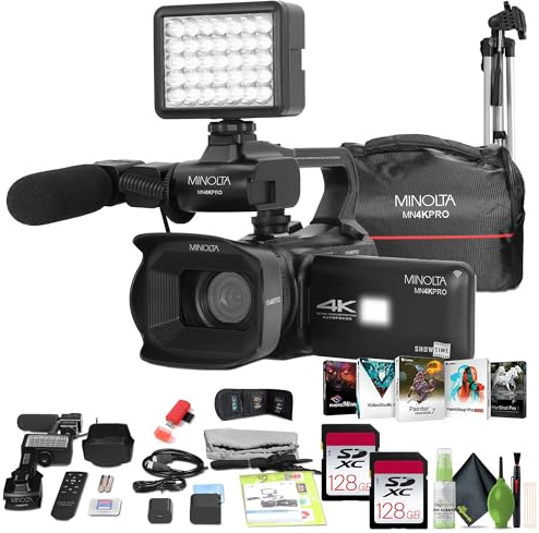 Minolta MN4KPRO 4K60FPS UHD 64 MP Autofocus Pro Camcorder Kit w/WiFi Bundle with 2X 128GB Memory Card + 72 Camera Tripod + USB Card Reader, SD/microSD + Corel Photo, Video, & Art Suite Deluxe
