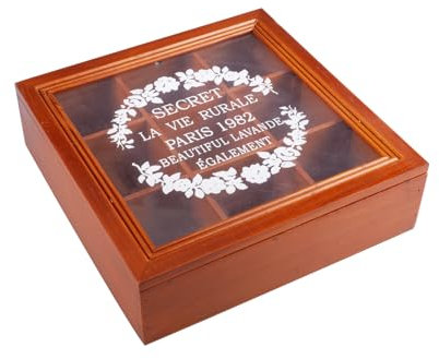 wocpvm Caja Almacenaje Te Vintage con Tapa Transparente 9 Compartimentos,Caja de Té para Bolsitas de Té, Azúcar, Café,Pequeños Accesorios,24x24x7 cm
