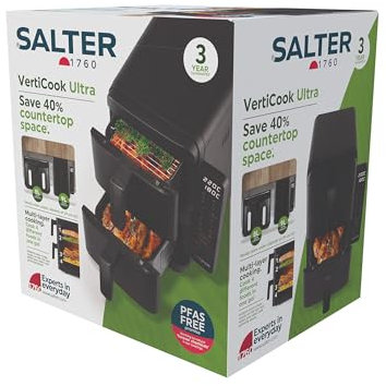 Salter VertiCook Ultra Stackable Air Fryer - Vertical 9 L Digital Air Fryer, 2 x 4.5L Baskets & Racks, 9 Functions, Sync & Match, PFAS-Free Grill Tray, Space Saving, 60-230°C, 60-Min Timer, 2400W