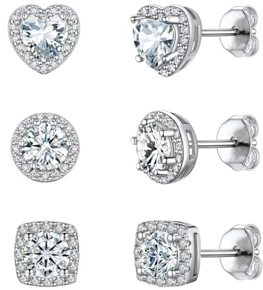 sawyofu 925 Sterling Silver Plated Diamond Stud Earrings For Women Men 3 Pairs Hypoallergenic Cubic Zirconia Heart Square Round Stud Earrings Set Jewellery
