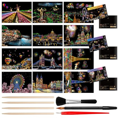 Pilikoll 12 pezzi di carta antigraffio Magic Rainbow, formato A4, per adulti, luoghi di interesse, da parete, con attrezzi per graffi, kit City Series Night Scene, arcobaleno, per adulti, bambini, fai