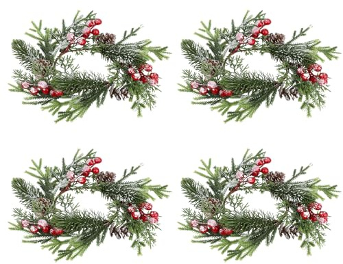 4 Mini Coronas Navideñas, Anillos para Velas Navideñas con Piñas Frutos Rojos y Cedro Centros de Mesa Puertas Ventanas y Decoración para Fiestas