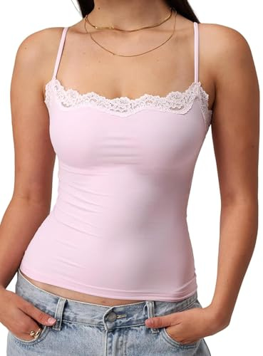 Women Y2k Lace Trim Cami Tops Sleeveless Spaghetti Strap Crop Tank Tops Summer Going Out Camisoles Basic Vest Tops (A-Pink, M)