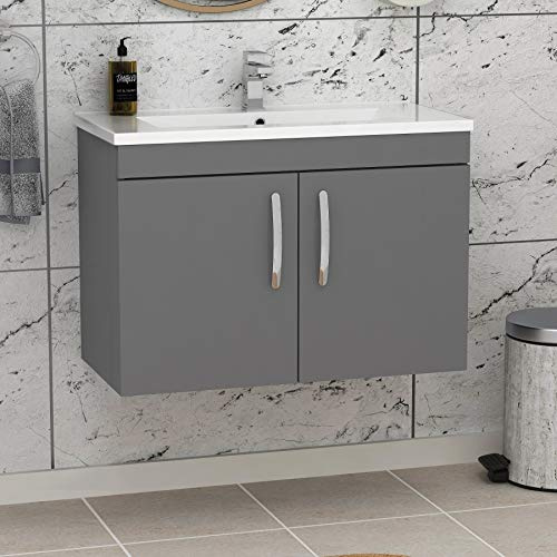 Turin 800mm Wall Mounted Bathroom Furniture Vanity Unit Indigo Grey Gloss 2 Door with Mid Edge Sink Basin