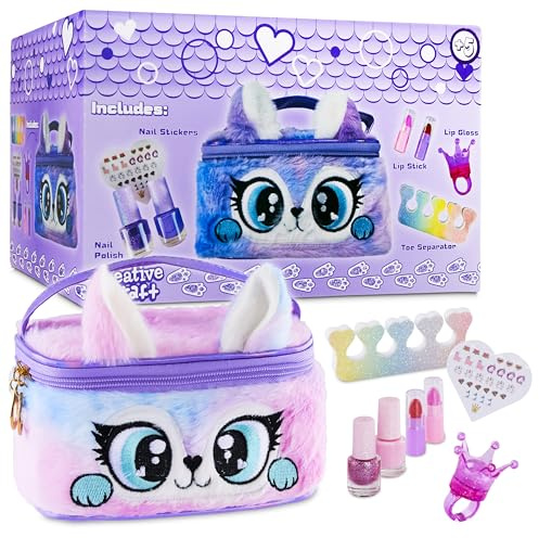Kids Play Makeup or Nail Polish Set Non Toxic Nail Varnish Lip Gloss Lipstick Nail Art Stickers (Purple/Pink)