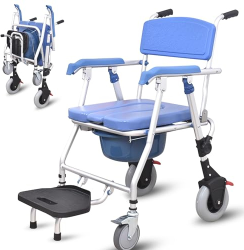 Aocay Sedia Comoda WC per Anziani con Rotelle, Pieghevole Sedia WC per Anziani, Multifunzione Sedia per Doccia Disabili con Braccioli e Schienale, Sedia a Rotelle per Doccia con WC, Portata 150kg