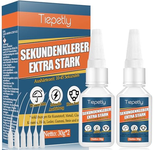 60g Sekundenkleber Extra Stark, Wasserfest Superkleber mit Antiverstopfungskappe, Alleskleber, für Kunststoff, Metall, Glas, Holz, Keramik und Heimwerkerbedarf (60 g)