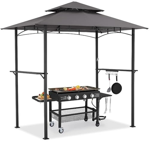 YODOLLA 2.5m Double-Tier BBQ Gazebo, 8x5ft Grey Grill Canopy with Stable Frame, Outdoor Garden Patio Barbecue Grill Tent Deck Cover, Weatherproof BBQ Shelter for Patios/Gardens/Decks(Grey)