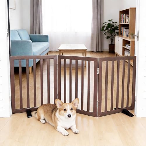 SFJC Dog Gate Indoor, Freestanding Dog Fence for The House, Doorways, Hallways,or Stairs,Pet Gate Foldable Wooden,Expandable 24 Height 3 Panels,Brown