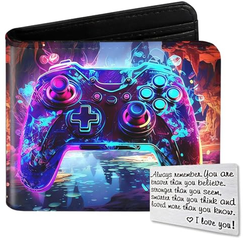 Qoibraze Kids Wallet for Boys Teen, Cool Boy Wallet for Kids Age 6-8 9-12 12-14, Funny Bifold Leather Purse, Small Wallets with Coin Pocket for Childrens Birthday (Purple Gaming Console)