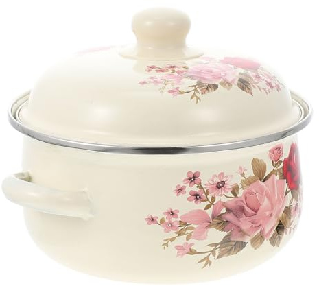 Homoyoyo Olla Sopera Esmaltada Vintage con Tapa Doble Asa Antideslizante y Resistente al Calor Cacerola Multifunción para Estofados y Sopas Suministro Cocina Doméstica