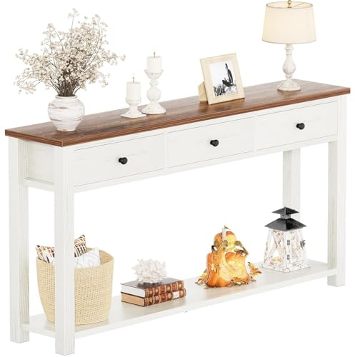 Homieasy Farmhouse Console Table with 3 Drawers, 47 Inch Wood Sofa Table with Storage Shelf for Living Room, Behind Couch, Entryway Table for Hallway, Living Room, or Foyer, Brown and Antique White